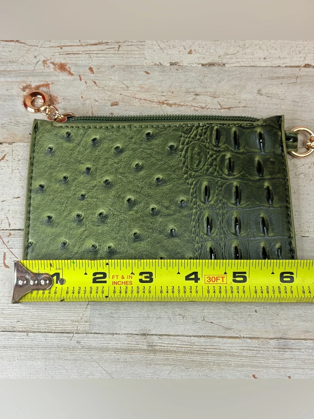 Purse Coin Card Holder Green Faux Crocodile Leather Gold Clip Zipper